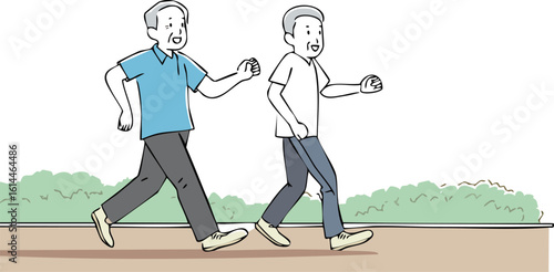 elderly Asian men enjoy healthy active retirement lifestyle brisk power walk park illustration exercising together outdoors path fostering physical fitness mental wellbeing