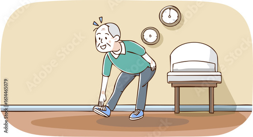 Elderly man with back pain bending over health issues mobility problems aging difficulties physical discomfort lower back strain arthritis symptoms healthcare condition