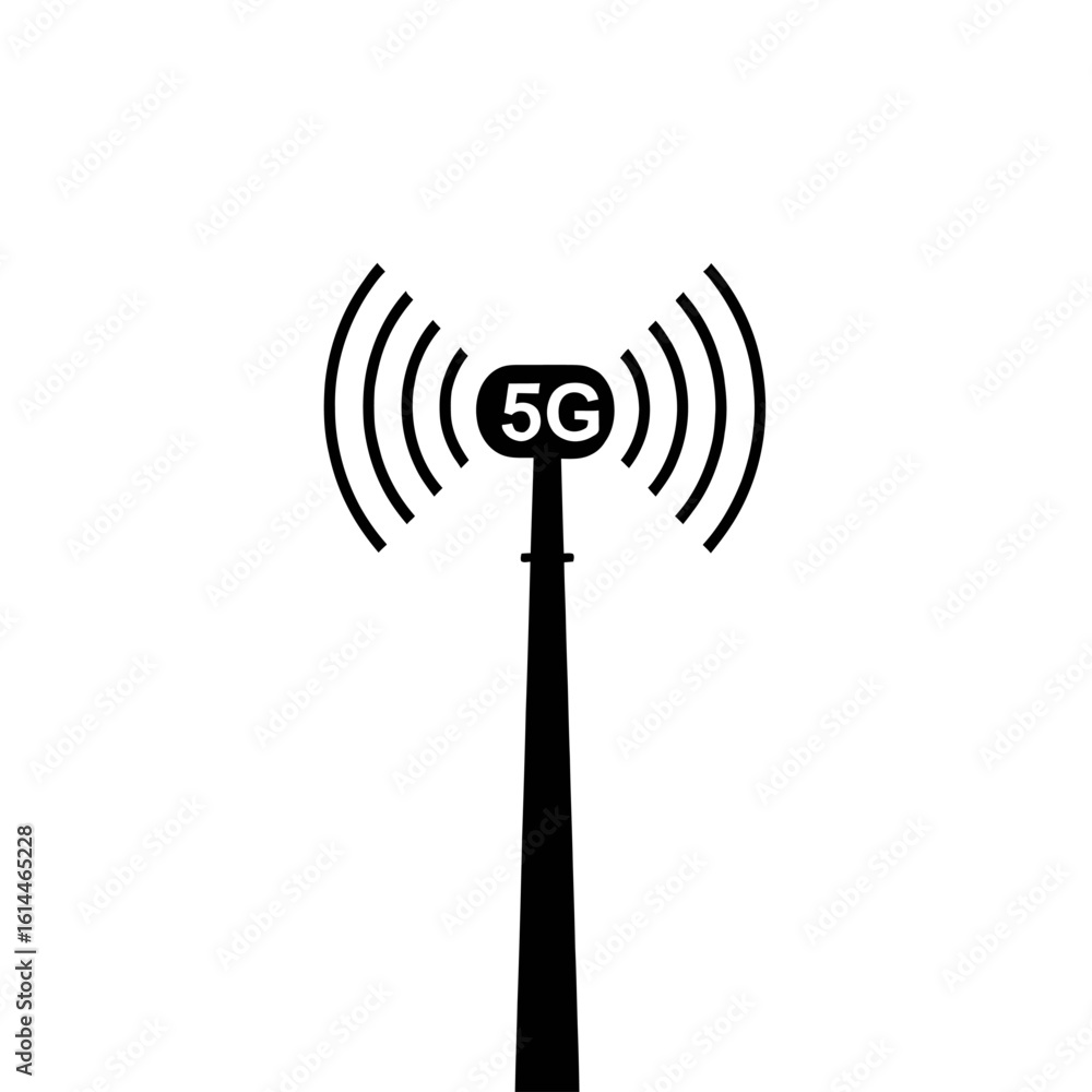 A minimalist black and white illustration of a 5G cell tower emitting wireless signals. A minimalist black and white illustration of a 5G cell tower emitting wireless signals.