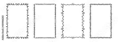 Hand drawn wavy frame set. Romantic curly scalloped border collection. Vector cute doodled cadre frames. Curved squiggly rectangle border pack for invitation, wedding party, birthday, greeting design
