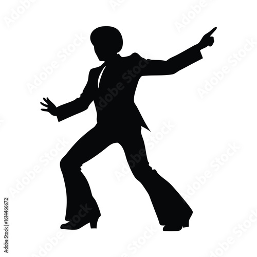 A retro disco dancer silhouette isolated on white background strikes a pose, pointing and dancing in a stylish suit, embodying the groovy fashion and music of the 70s