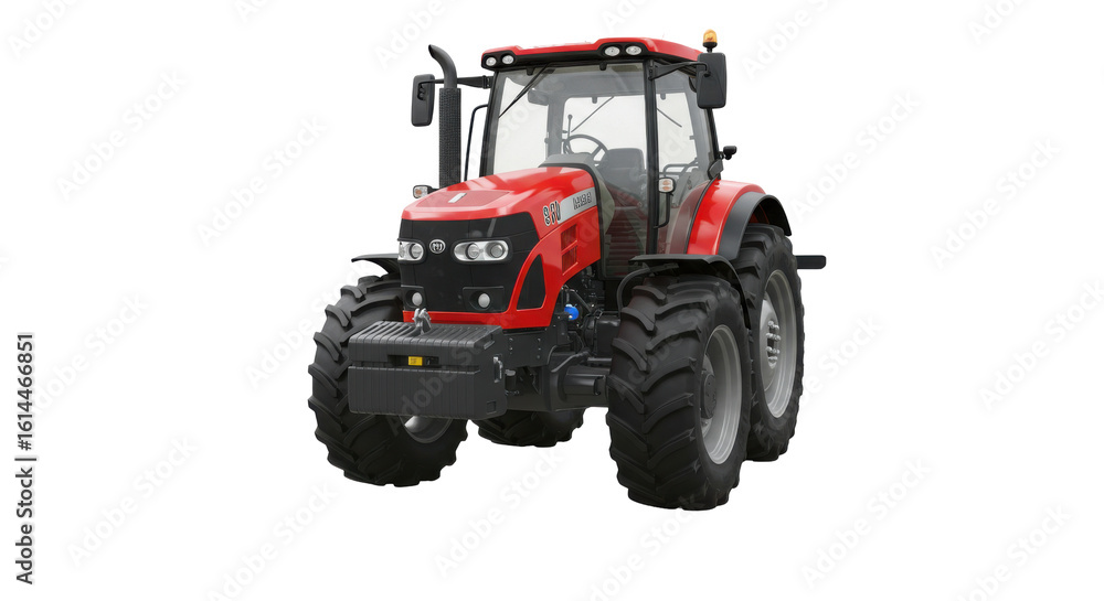 Obraz premium Red tractor parked in a field with blue sky and distant hills, showcasing rural life