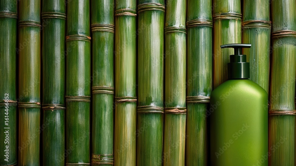 Fototapeta premium A dark-green pump bottle of lotion or shampoo sits before a wall of vertically arranged, vibrant green bamboo stalks