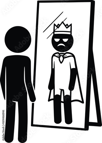 Stick figure looking in mirror seeing king reflection concept self image and ego boost