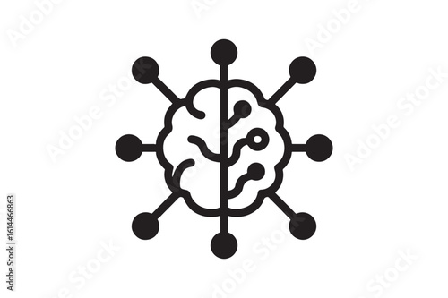 AI brain with network nodes silhouette vector art illustration on white background