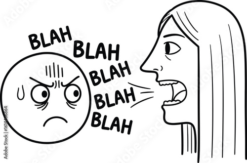 Illustration of woman talking blah blah to annoyed person communication problem concept art
