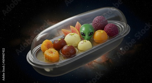 Fusion dessert of alien fruits and traditional sweets inside a floating food pod