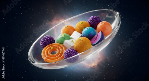 Fusion dessert of alien fruits and traditional sweets inside a floating food pod