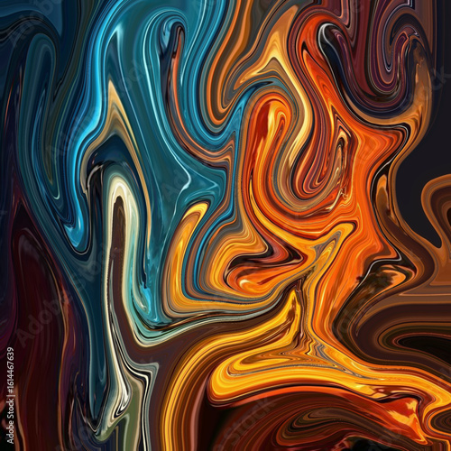 Colorful swirling abstract composition with fiery orange, blue, and dark red tones, resembling flowing energy and movement. Swirl, Abstract, Colorful, Energy, Dynamic.