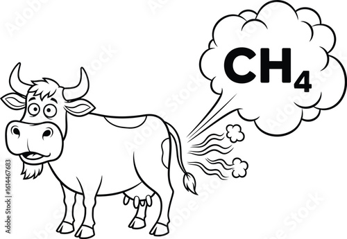 Cow methane emissions cartoon illustration for climate change awareness and environmental impact