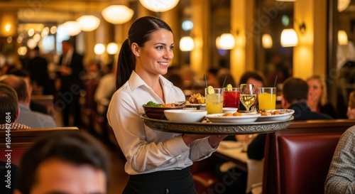 Wallpaper Mural A smiling woman in a white shirt and black pants holding a tray of food in a restaurant. Torontodigital.ca