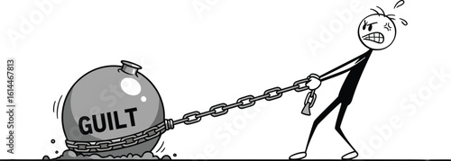 Understanding guilt burden concept stick figure pulling heavy ball and chain of guilt feeling bad