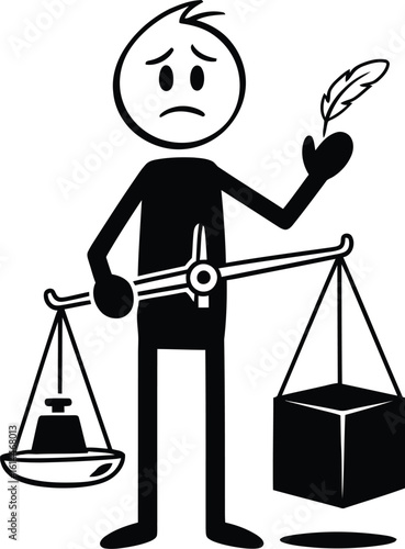 Understanding balance concept illustration with stick figure holding scales and feather pen