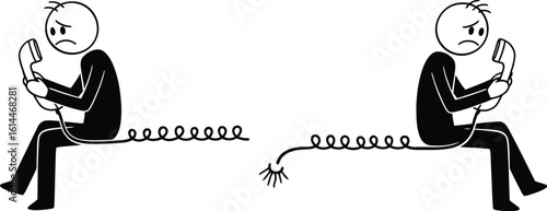 Broken communication concept illustration with sad stick figures and disconnected phone line