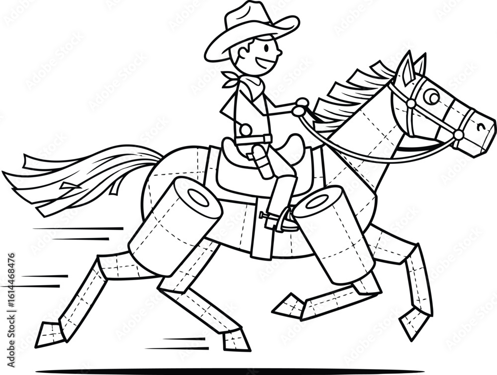 Fototapeta premium Cartoon cowboy riding horse coloring page vector illustration for kids activity sheet design