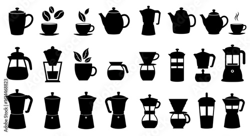 Assortment of Black and White Coffee and Tea Making Equipment Silhouettes