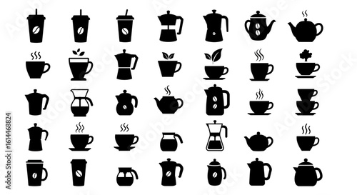 Diverse collection of coffee and tea icons in minimalist black silhouette style