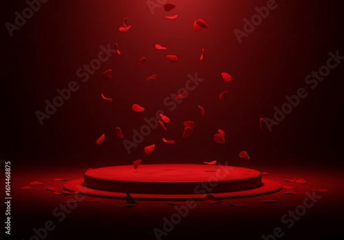 Romantic red stage with falling rose petals under spotlight