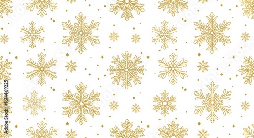 Seamless pattern of golden snowflakes and stars.

