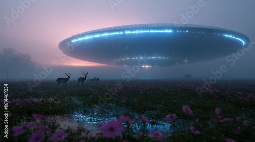 Mysterious U F O Hovering Over Vibrant Field of Colorful Wildflowers Under Clear Blue Sky Creating an Otherworldly and Enigmatic Atmosphere in Nature