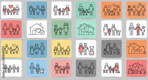 Collection of linear family icons representing various family structures and relationships
