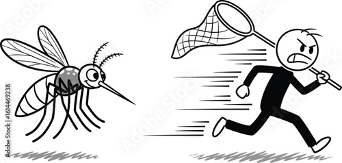Mosquito control illustration: stick figure chasing mosquito with net for pest control art