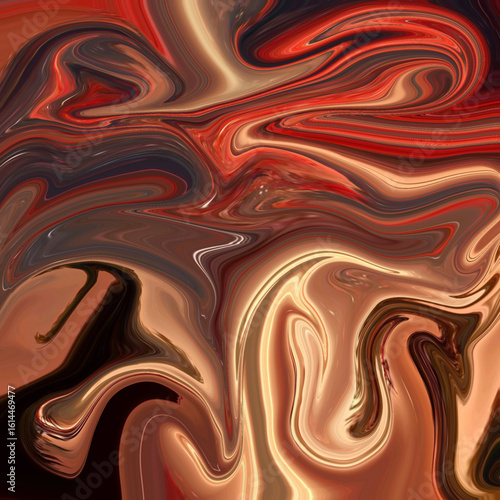 Dynamic swirl of fiery reds, browns, and golden tones in an abstract fluid design, evoking molten lava and flowing energy. Abstract, Swirl, Energy, Fluid, Molten.
