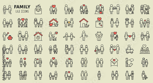 Set of family lile icons representing diverse family structures and relationships
