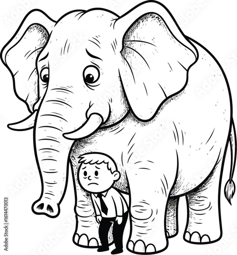 Illustration of man under elephant representing feeling overwhelmed and under pressure concept