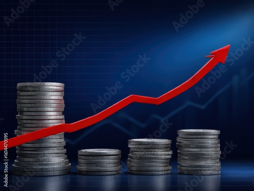 Dynamic Red Arrow Ascending on a Towering Stack of Coins Symbolizing Financial Growth Prosperity Investment Success and Economic Advancement in Business