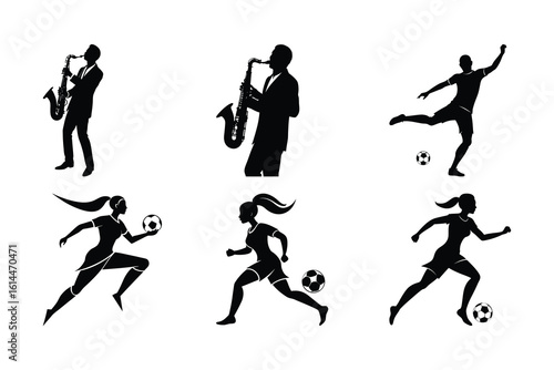 Musicians playing saxophone soccer players kicking ball