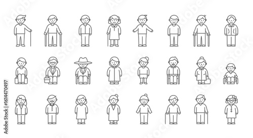 Diverse collection of outline icon vector characters representing different age groups