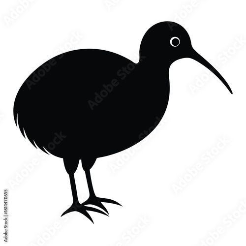 Stylized black kiwi bird silhouette white background