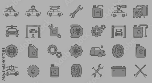 Collection of automotive and mechanic related icons in a minimalist style graphic