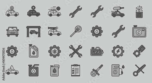 Collection of car maintenance and repair icons depicting various services offered