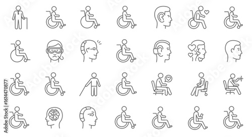 Diverse line icons depicting people with disabilities and medical conditions