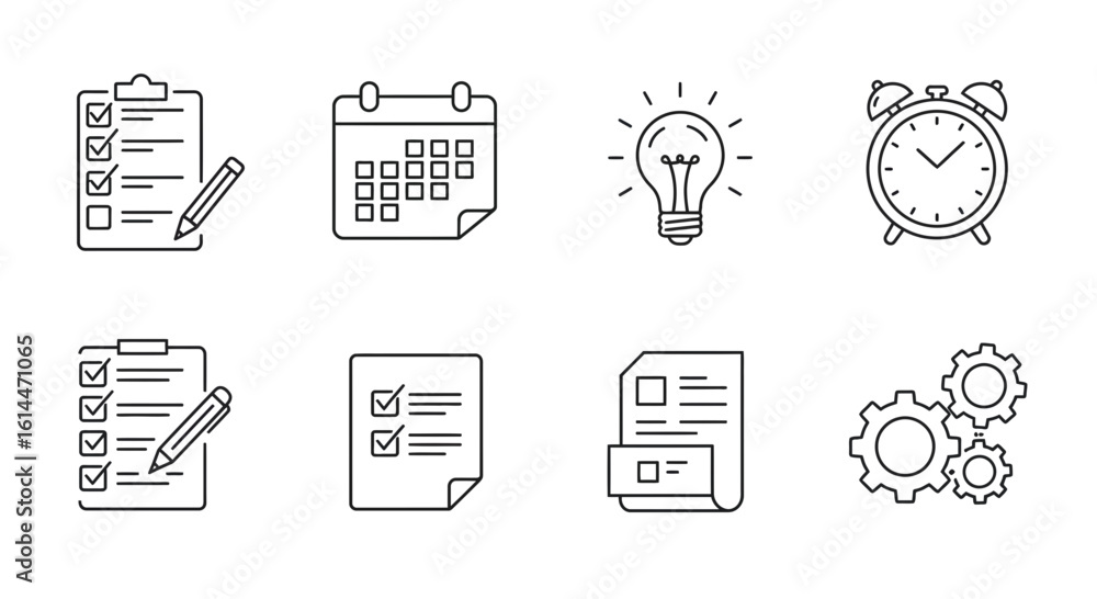 Fototapeta premium Essential business icons depicting planning scheduling ideas and process execution