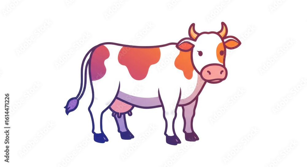 Obraz premium Colorful cartoon cow standing in a grassy field with a bright blue sky backdrop