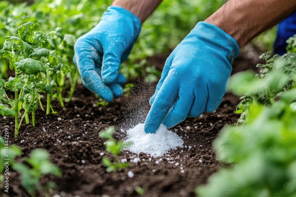 Naklejka premium Close-up of hands in blue gloves applying fertilizer to soil around young plants