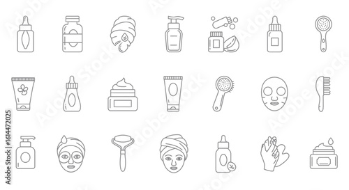 Minimalist Outline Vector Icon Set of Skincare and Beauty Products Depicting a Routine