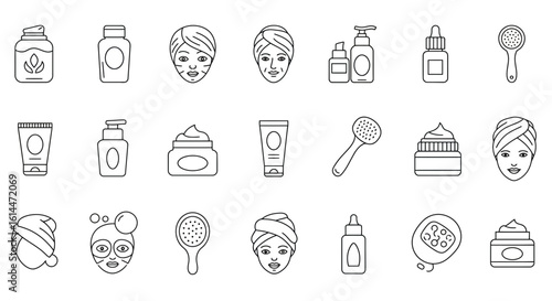 Collection of thin line icons representing beauty and personal care products and routines