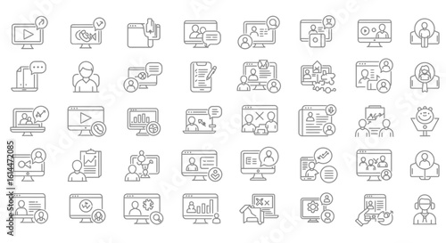 Outline vector icons of remote work and online communication concepts depicted as icons