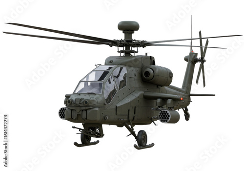 Military helicopter flying over a landscape with clouds, showcasing aerial capabilities