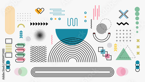 Vibrant geometric memphis design elements set with abstract shapes, lines, and retro 80s patterns.