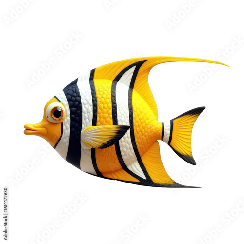Vibrant yellow and black striped fish against a dark background.