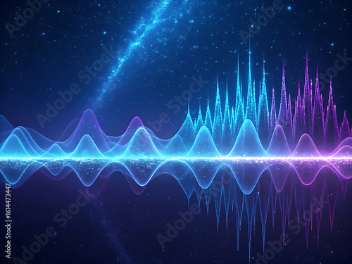 Stunning abstract audio wave visualization in vibrant blue and purple on a cosmic stellar background