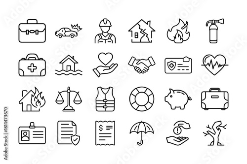 Insurance Vector Icon Set. Healthcare, home insurance, safety, fire, flood, life insurance, medical, legal, finance, claims, and more. Editable stroke. Vector illustration.