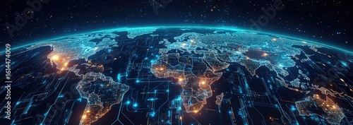 Wallpaper Mural Global network map of the Earth.  Detailed world map overlaid with glowing, digital circuitry Torontodigital.ca