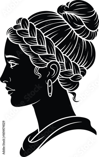 Elegant woman profile with braided hairstyle black and white