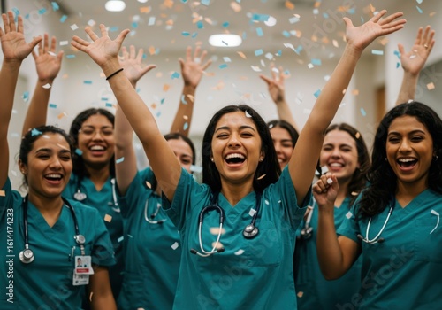 A group of happy nurses in scrubs celebrate with confetti, arms raised in joy